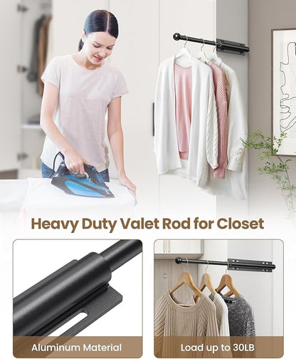 Supforce 2 PACK Valet Rod for Closet Pull Out, Retractable Slide Out Valet Rod Closet Organization, 12" Aluminum Valet Clothing Hanger Rods Perfect for Suits, Freshly Pressed Clothes, Black