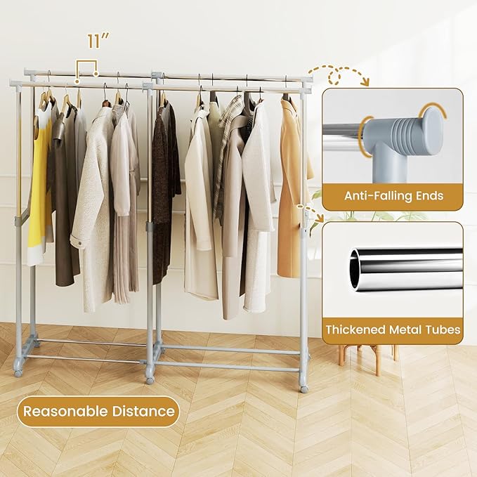 Giantex Extendable Double Rod Clothes Rack, Portable Garment Clothin Rack with Adjustable Height & Width, Heavy-Duty Metal Rolling Wardrobe Racks with Wheels for Bedroom, Laundry, Dressing Room