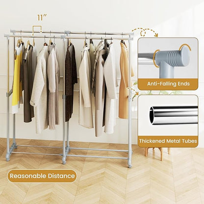 Giantex Extendable Double Rod Clothes Rack, Portable Garment Clothin Rack with Adjustable Height & Width, Heavy-Duty Metal Rolling Wardrobe Racks with Wheels for Bedroom, Laundry, Dressing Room