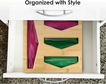 Bamboo Bag Storage Organizer for Kitchen Drawer, Baggie organizer, Compatible with Gallon, Quart, Sandwich and Snack Variety Size Bags (Natural Bamboo)