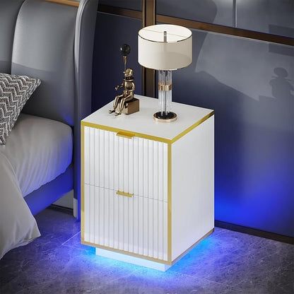 4ever2buy White and Gold Nightstand, Modern Bedside Table with LED Lights, End Table for Bedroom Living Room