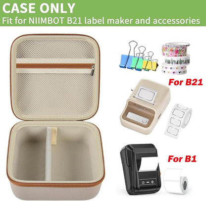 ALKOO Case Compatible with NIIMBOT B21 / Pro / B1 Label Maker Wireless Thermal Label Printer, Holder for Inkless Label Maker & Labeling Tapes Refills, with Mesh Pocket for Cable Accessories (Beige)