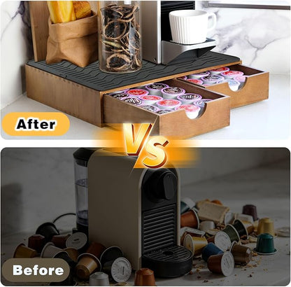Wooden Coffee Pod Holder Drawer With Silicone Non-Slip Pad,K Cup Organizer Storage Box,Kcup Drawer and Tea Organizer Under Brewer,30 Pod Capacity,Countertop Coffee Station Organizer for Machine Stand