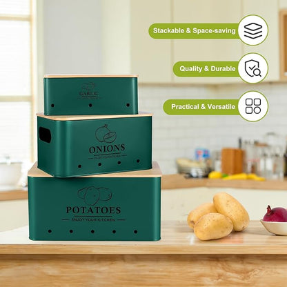 Kitchen Vegetable Storage Set of 3, Metal Onion Garlic Potato Storage Set, Kitchen Canisters Vegetable Keeper Containers with Aerating Holes and Bamboo Lid,Alpine Green
