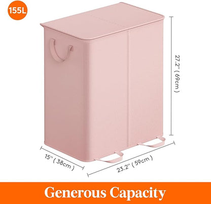 Lifewit Double Laundry Hamper with Lid and Removable Laundry Bags, Large Collapsible 2 Dividers Dirty Clothes Basket with Handles for Bedroom, Laundry Room, Closet, Bathroom, College, 155L Pink