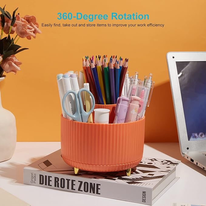 Pencil Pen Holder for Desk, 5 Slot Organizer for Makeup Brushes, Markers, Office Supplies, Art Supply - Orange