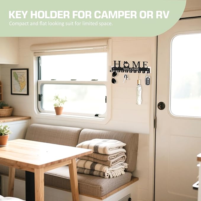 Key Holder Wall Mount, Metal Adhesive Key Hanger with 10 Hooks, 2 Installation Methods, Black