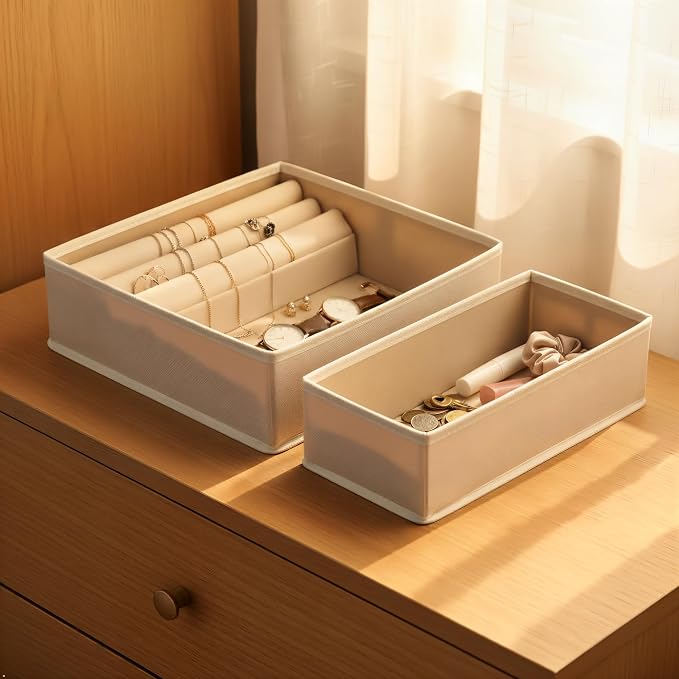 Underwear Drawer Organizer, 2 Pack, Khaki | Foldable Fabric Storage Bins, For Dresser & Closet, Sock and Bra Dividers, 2 Sizes, Bedroom Organization
