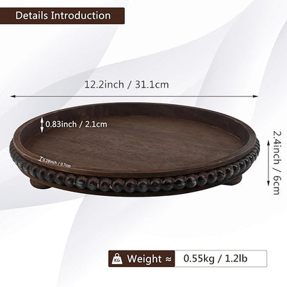 FramePro Decorative Tray 12in Round Wood Beaded - Brown Serving Tray Risers for Living Room, Coffee Table, Kitchen or Farmhouse Display