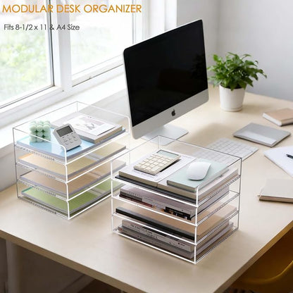 SANRUI Stackable 4-Tier Acrylic Desk Organizer, Clear Paper Letter Tray, Space-Saving Document File Holder for Home Office Workspace