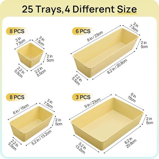 Vtopmart 25 PCS Plastic Drawer Organizers Set, 4-Size Versatile Bathroom and Vanity Drawer Organizer Trays, Storage Bins for Makeup, Bedroom, Kitchen Gadgets Utensils and Office