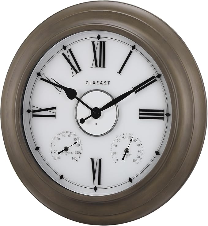 CLXEAST Illuminated Outdoor Clocks Waterproof 24 Inch with Smart Sensor, Large Metal Wall Clocks with Temperature and Humidity for Living Room Decor,Garden Patio,Grey Oak/Faux Barnwood Finish
