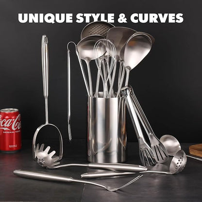 18/10 Stainless Steel Cooking Utensils Set - 16 PCS All Metal Serving Utensils, Kitchen Tools - Whisk, Masher, Fork, Tongs, Solid/Slotted Spoon, Spatula, Turner, Ladle, Skimmer, Pasta, Large Spoon Set