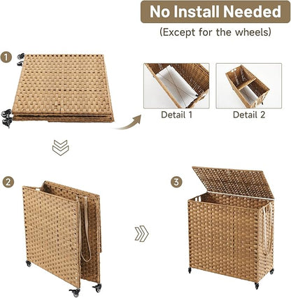 Laundry Hamper with Wheels, 39.6 Gallon(150L) Rolling Laundry Basket with Lid, 3-Section Rattan Clothes Hamper with 3 Removable Liner & 3 Mesh Bags, Laundry Sorter with Side Pocket, Natural