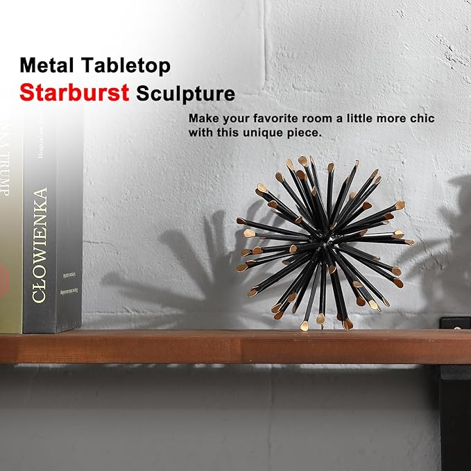 6.5 Inch Starburst Table Decoration, Modern Metal Decorative Spike Tabletop Sculpture Shelf Accents, Black & Gold