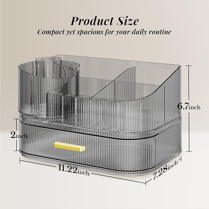 Delamu Makeup Organizer for Vanity with Stackable Drawers, 360 Rotating Makeup Brush Holder Large Cosmetic Display Case, Bathroom Skincare Storage, Crystal Black, Ideal Christmas Gifts for Girls