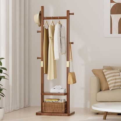 Coat Rack Freestanding Clothing Rack with 2 Shelves Storage & 5 Hooks Heavy Duty Clothes Rack Wood Coat Tree Stand Hat Hanger Rack (Walnut Brown, 18.9" x 11.8" x 70" (No Wheels))