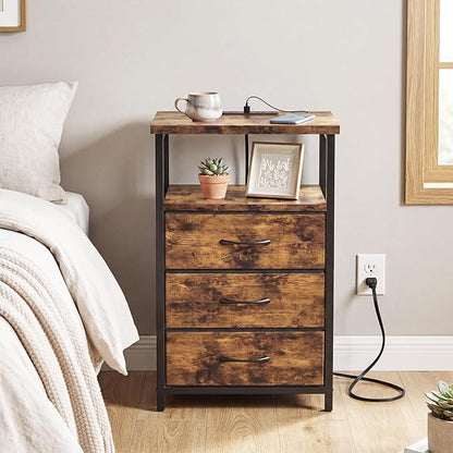 Fixwal Night Stand with 3 Fabric Drawers, Nightstand for Bedroom, Bedside Table with Charging Station End Table with Storage, Rustic Brown