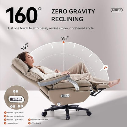 EMIAH Ergonomic Office Chair with Foot Rest Electric Executive Office Chair Reclining with Massage Big and Tall High Back Computer Chair with Wheels, Sustainable Leather (Light Khaki)
