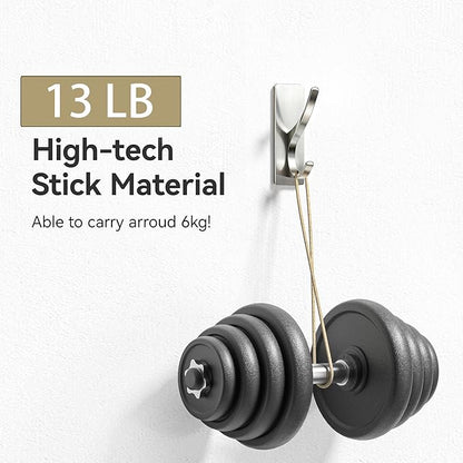 pickpiff Brushed Nickel Self Adhesive Coat Hooks for Hanging: 13LB Extra Strong Stainless Wall Hook for Towel, Utensil, Backpack, Hat, Sturdy Metal Hanger for Bathroom, Kitchen, Door, 4 Pack