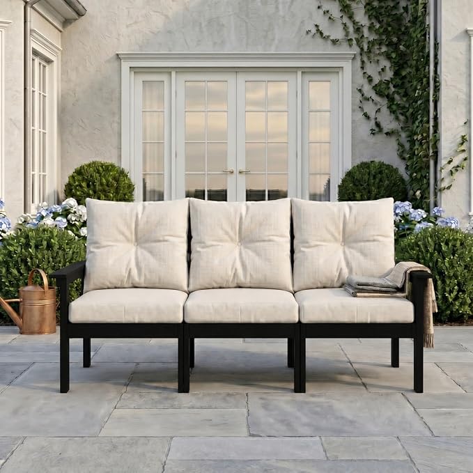 HDPE Patio Sofa Set, 4-Piece Sectional Outdoor Patio Furniture Set, All Weather Outdoor Couch Set with Coffee Table & Beige Washable Thick Cushions for Balcony, Porch(Black Frame)
