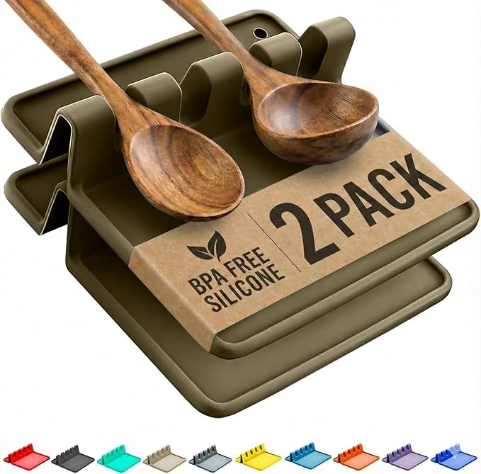 Cooler Kitchen Stone Silicone Spoon Rest for Stove Top with Drip Pad (Two Pack) - Heat Resistant BPA Free Utensil Rest & Spoon Holder for Kitchen Counter - Grill Utensil Holder - Spatula Holder