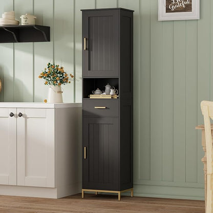 Homhedy 67" H Bathroom Storage Cabinet, Tall Storage Cabinet with Adjustable Shelves, Freestanding Cabinet with Doors and Drawer, Narrow Cabinet for Bathroom, Living Room, Kitchen, Dining Room, Black