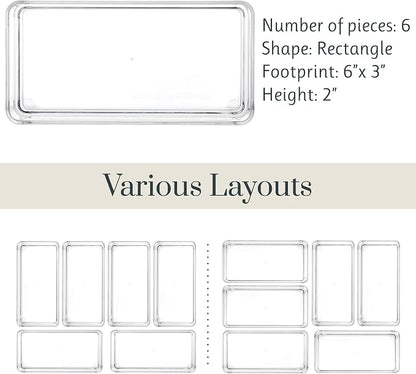 STORi SimpleSort 6-Piece Stackable Clear Drawer Organizer Set | 6" x 3" x 2" Rectangle Trays | Small Makeup Vanity Storage Bins and Office Desk Drawer Dividers | Made in USA