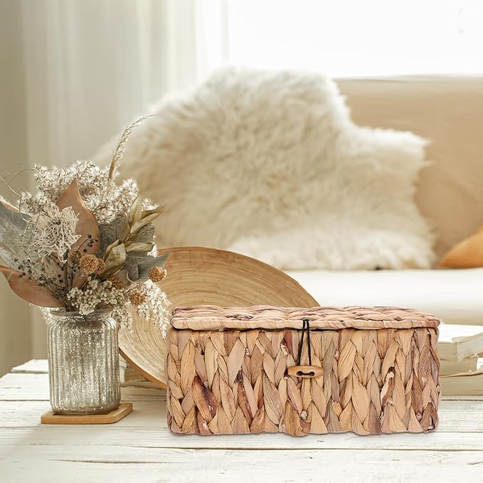 Sumnacon Storage Basket with Lid, Water Hyacinth Shelf Baskets for Organizing, Farmhouse Bathroom Woven Bins for Tampons and Pads, Toilet Paper, Towels,Decorative Organizer Box for Counter, Vanity (S)