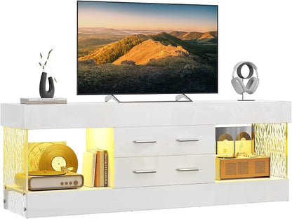 Bestier Modern 60 Inch TV Stand for 65/60/55+ TV, High Gloss White Entertainment Center with 2 Drawers & LED Lights, Stone-Pattern Side Panels TV Consoles for Living Room, Bedroom