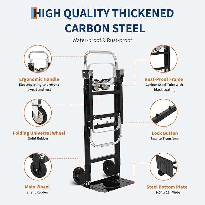 GarveeTech 2 in 1 Convertible Hand Truck Dolly, 660 LBS Load Capacity Folding Cart with Wheels, Elastic Straps, Carbon Steel Collapsible Dolly Cart for Home, Warehouse, Supermarket, Office