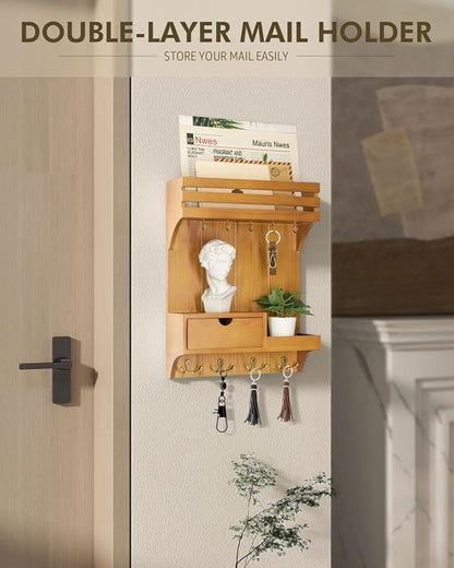 Rebee Vision Farmhouse Key Holder Wall Mount with Mini Drawer Organizer – Mail Organizer with 9 Key Hooks – Ideal Home Decor for Entryway, Hallway, and Bedroom (Light Brown)