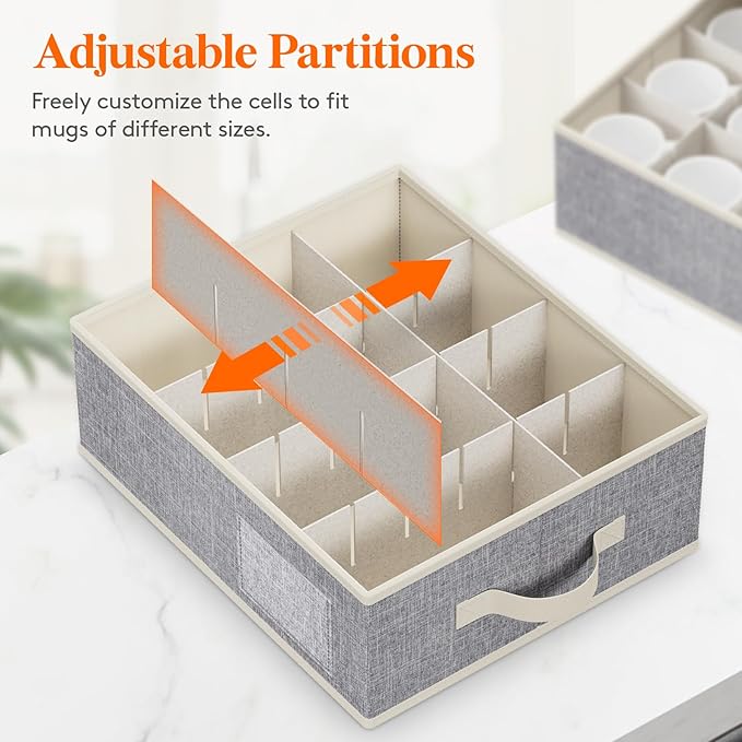 Lifewit 3 Pcs Coffee Mug Storage Box with Dividers, Stackable Cationic Hard Shell Stemware Containers with 48 Cells, Foldable Dustproof China Containers for Moving, Light Grey