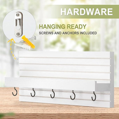 Decorative Key Holder for Wall with Shelf, Entryway Shelf with Hooks Holds Leashes, Jackets and Glasses – Sturdy Wood Keyholder Entrance Hanger with Mounting Hardware (White, Medium)