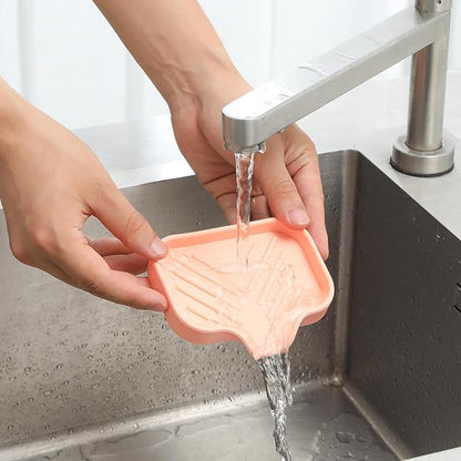 MicoYang Silicone Soap Dish with Drain Spout, Self-Draining Sink Organizer Tray for Bathroom and Kitchen, Sponges, Dispensers and Soap Holder, Non-Slip and Dishwasher Safe, Pink (Compact, 4.9"×3.2")