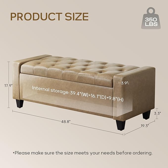 Ottoman with Storage，Storage Ottoman Bench, Storage Bench for Bedroom with Safety Hinge，Bedroom Benches with Seating for Living Room, Entryway (Khaki-PU)