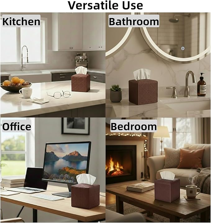 Tissue Box Cover 2-Pack, Square Tissue Holder with Bottom Belt, Modern Tissue Case Facial Paper Organizer Dispenser for Bathroom, Office, Home, Table, Car, Brown, Linen Pattern