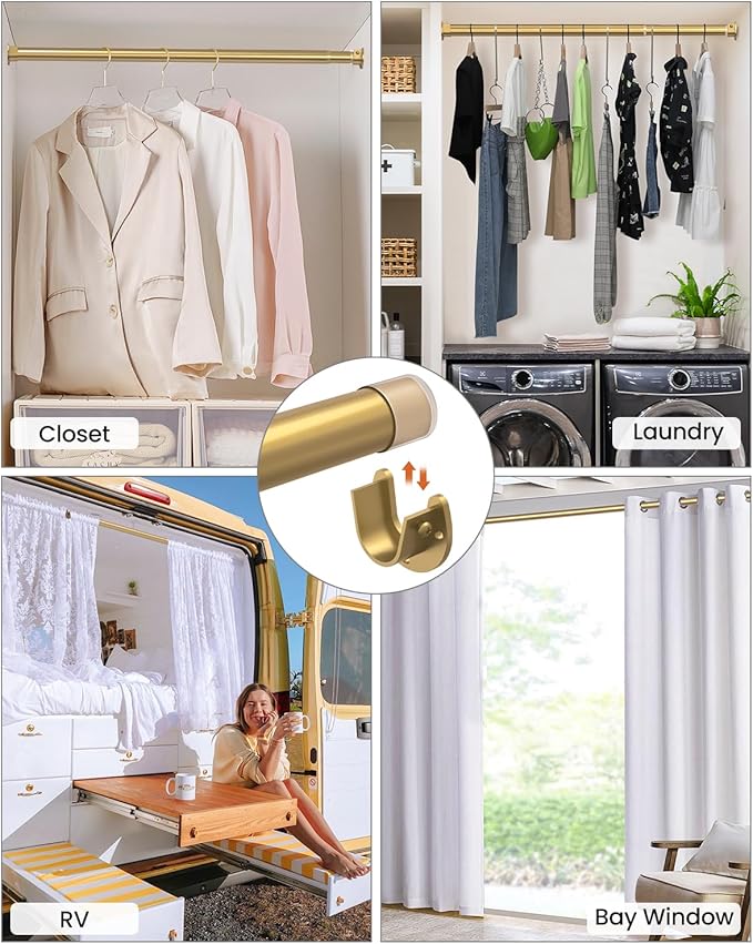 Supforce 5 Pack Closet Rods for Hanging Clothes, 17 to 54 Inches Stepless Adjustable Metal Closet Rod, 1.3 Inches Heavy Duty Clothes Hanging Rod for Closet Wardrobes Laundry RV, Golden