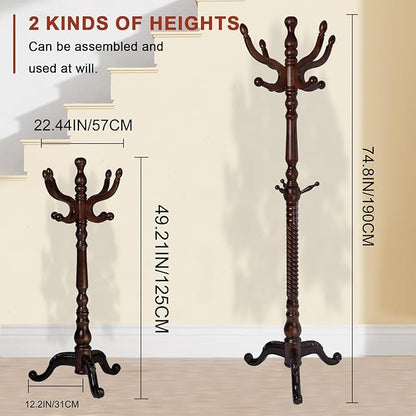 Wooden Coat rack freestanding, Coat racks stand with 11 Hook, Heavy duty coat tree standing 2 Adjustable Heights for Bedroom, Entryway, Hallway, Office,Stury Base (Brown triangle)