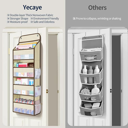 Yecaye Over The Door Organizer, Heavy Duty Hanging Organizers and Storage with 4 Large Capacity Pockets, Swing-Proof Behind The Door Storage for Bathroom Nursery Bedroom Dorm Closet, Beige,1Pc