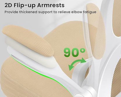 Ergonomic Office Chair, Comfy Desk Chair with Adjustable Lumbar Support, Mesh Computer Chair with Wheels, Flip-up Armrests, Swivel Rolling Executive Chair for Home Office, Gaming, Khaki