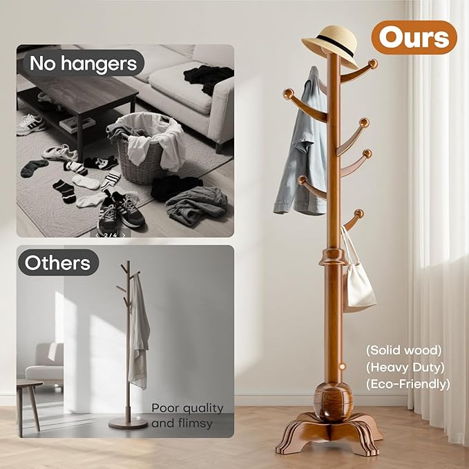 Hall Tree, Freestanding Wood Tree Rack with 7 Hooks, Coat Rack with Stable Sphere Base, Wooden Coat Rack Stand, Load 210 lb, Coat Hanger Stand for Entryway, Hallway, Bedroom (Natural)