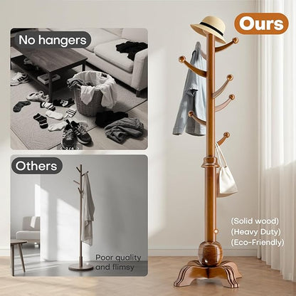 Hall Tree, Freestanding Wood Tree Rack with 7 Hooks, Coat Rack with Stable Sphere Base, Wooden Coat Rack Stand, Load 210 lb, Coat Hanger Stand for Entryway, Hallway, Bedroom (Natural)
