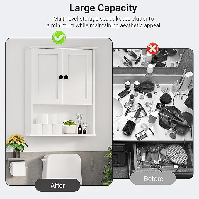 Multi-Purpose Wall Cabinet: Easy-to-Assemble, White Modern Style, 3-Tier Storage. Fits as Kitchen Cabinet, Over-Toilet Cabinet & Bedroom Wall Cabinet