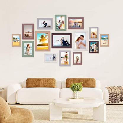 Funtopia 15 Pack Picture Frames, Gallery Wall Frame Set for Family, 8x10, 5x7, 4x6 Photo Frames Collage for Wall Hanging or Tabletop Display, 6 Colors