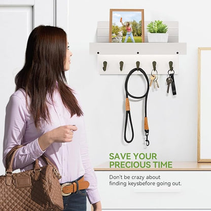 Key Holder for Wall, House Decor Mail Organizer Wall Mounted with Shelf & 5 Hooks for Hanging Dog Leash, Sunglasses, Hats, Rustic Key Rack Apartment Eseentials Wooden Key Hanger