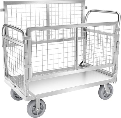 Platform Truck with Cage, 6 in1 Foldable Heavy Duty Steel Flatbed Cart, Large Utility Cart w/Industrail Solid Casters, Load 2000LBS Multi-Purpose Push Dolly for Grocery/Laundry/Stall/Warehouse