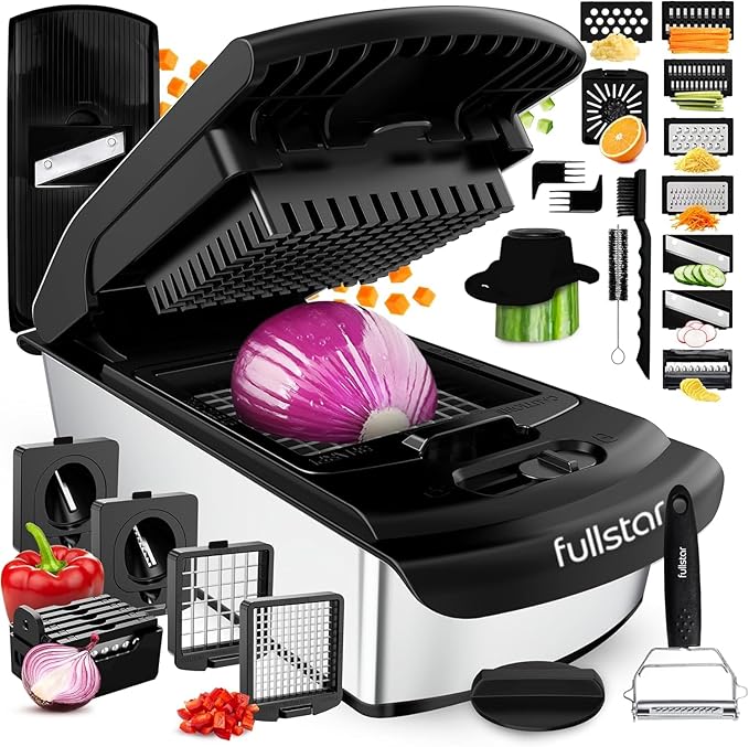 Fullstar Premium Vegetable Chopper and Mandoline Slicer - Food Chopper and Spiralizer with Container, Julienne Slicer, Fruit Slicer, Veggie Cutter, Kitchen Gadgets & Gift for Mom (14 in 1, Steel)