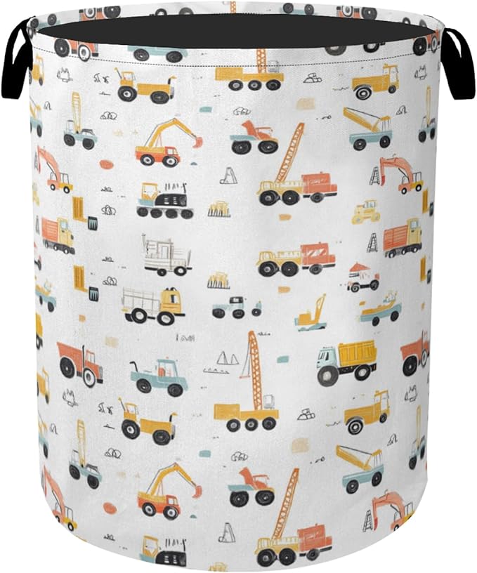Cartoon Construction Vehicle Foldable Canvas Laundry Basket with Handles - Toy Organizer, Heavy Duty for Home，Bedroom, Dorm, Bathroom