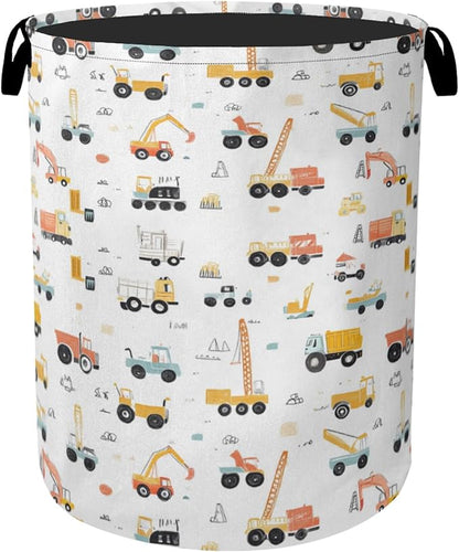 Cartoon Construction Vehicle Foldable Canvas Laundry Basket with Handles - Toy Organizer, Heavy Duty for Home，Bedroom, Dorm, Bathroom